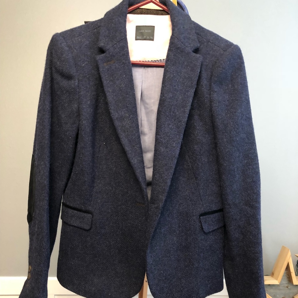 Zara navy tweed blazer with elbow patches